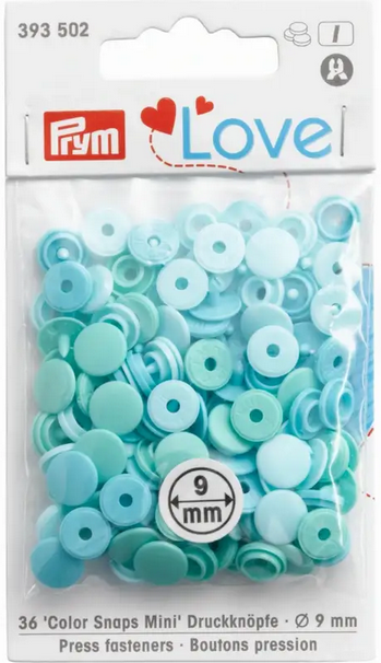Druckknöpfe Color Snaps Mini hellblau mint Prym Love 9mm, 36 Stück